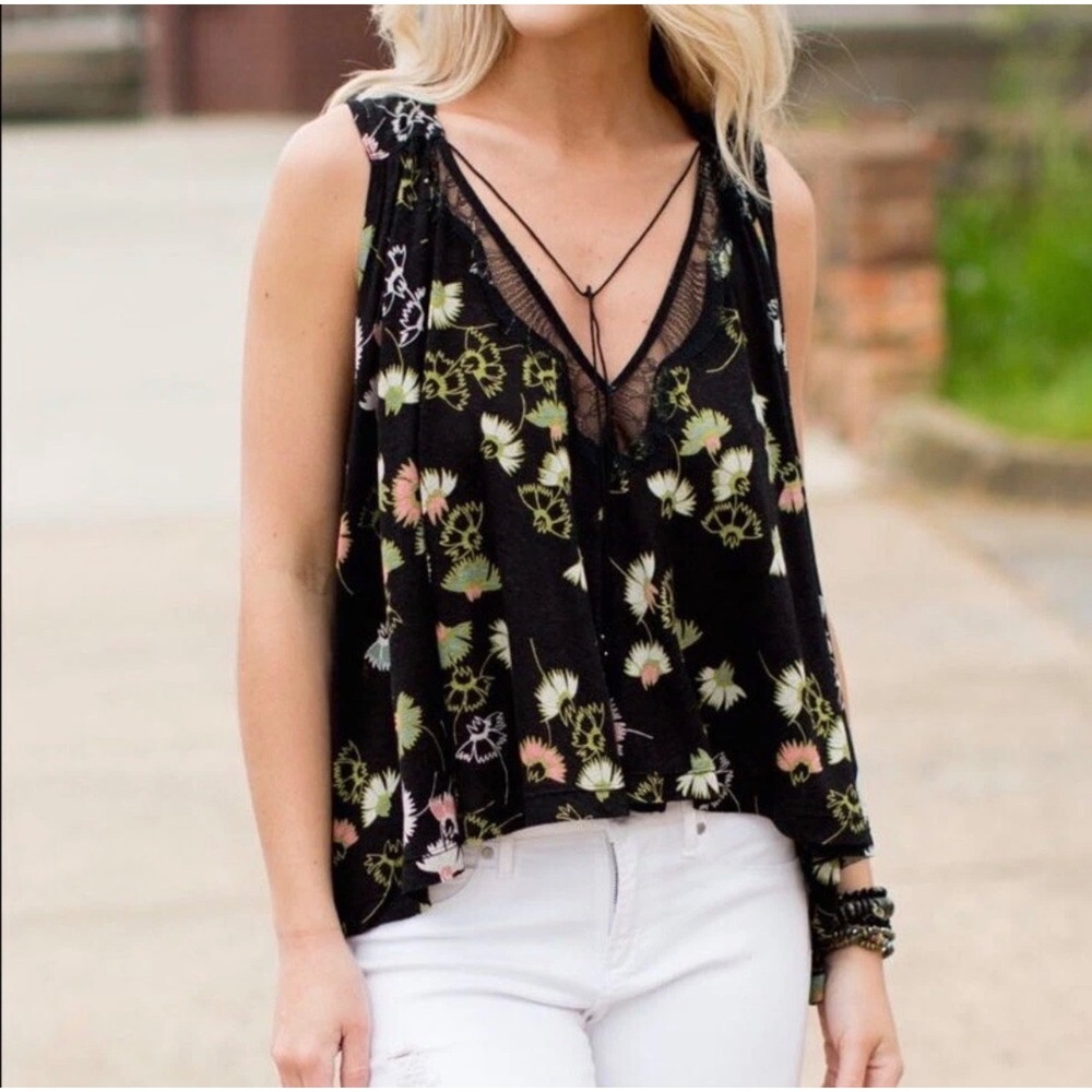 Free People Love Potion Black Top Boho Cottage Coquette Lace Black Medium Womens
